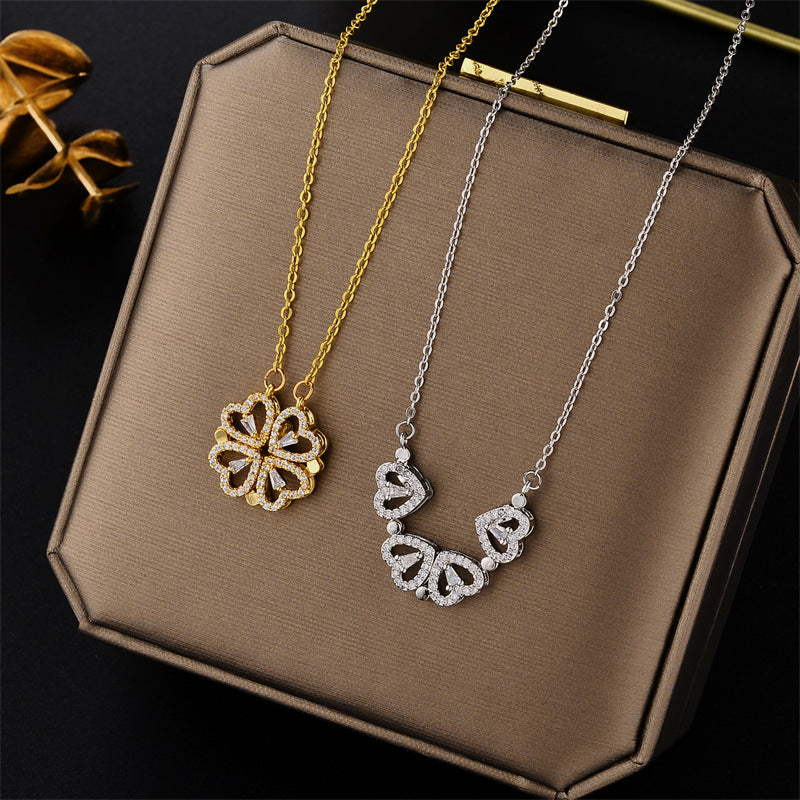 A Diamond Full of Small Hearts, A Woman Wearing A Four-leaf Clover Necklace Will Give Her Girlfriend A Titanium Steel Collarbone Chain Temperament Gift.