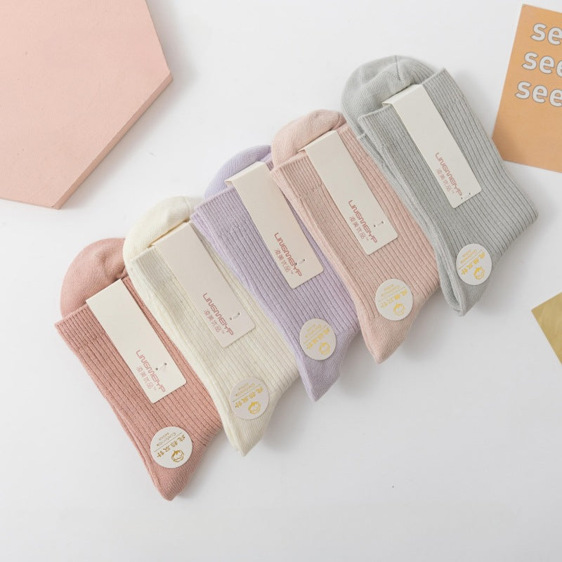 New Socks Women's Solid Color Double Needle Medium Tube Cotton Socks Spring and Autumn Thickened Warm Casual Stockings