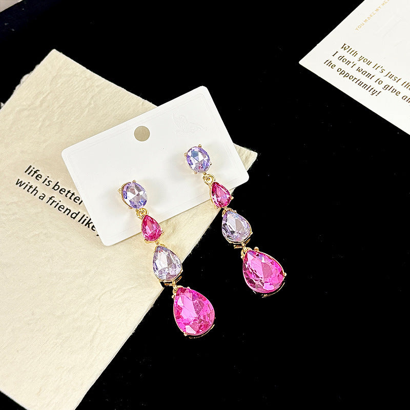 New Glass Diamond Inlaid Water Drop-shaped Long Earrings Women's European and American Color Series Earrings