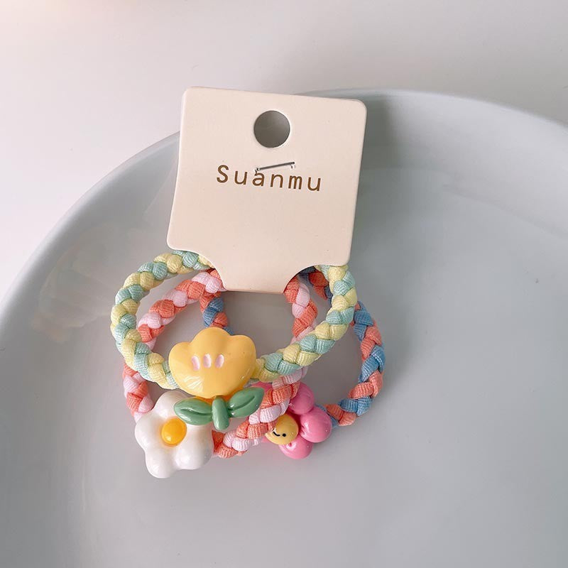 Spring New Children's Colorful Braided Headband Little Girl Ponytail Does Not Hurt Hair Cute Cartoon Flower Rubber Band