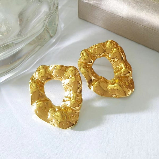 French Ins Premium Pleated Geometric Titanium Steel Earrings Women's, Personalized Irregular Round 18k Gold Plated Stud Earrings Ears