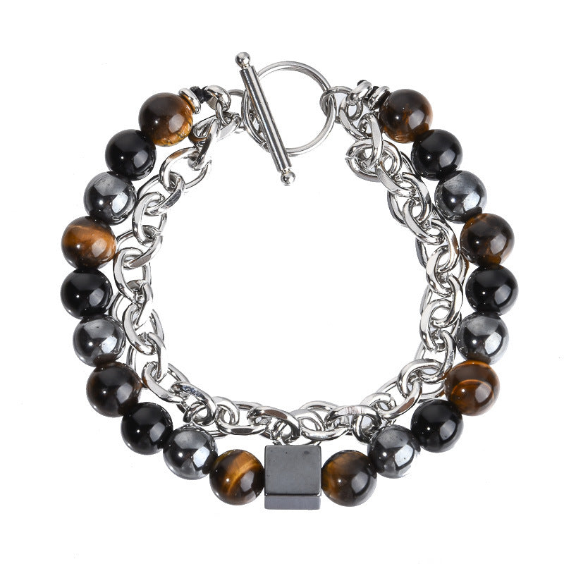 Stainless Steel Chain Copper Beads European and American Men's Bracelet Agate Crystal Tiger's Eye Beaded Jewelry Factory
