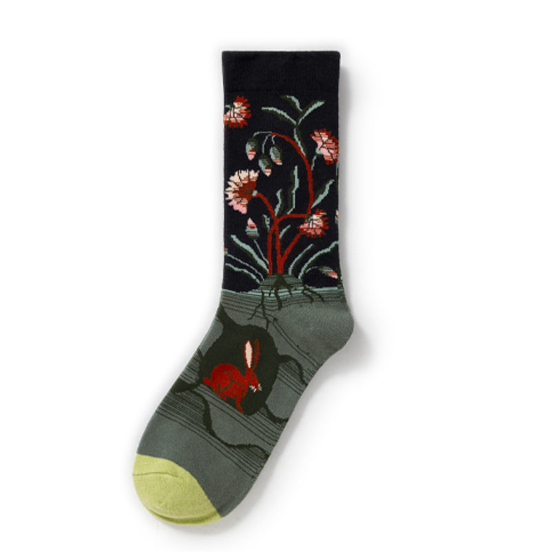 Oil Painting Socks Women's French Retro Ins Tide Autumn and Winter Abstract Tall Tube Creative Combed Cotton Women's Medium Tube Socks