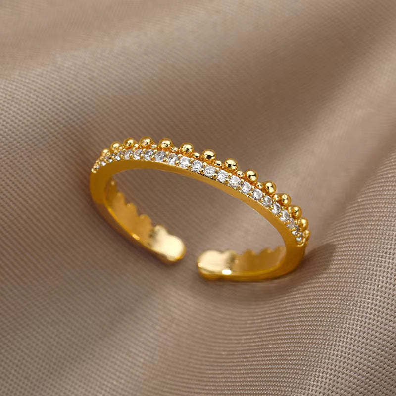 Women 18K Gold Plated Full Diamond Titanium Steel Non-Fading Opening Ring Zircon Leaf Ring