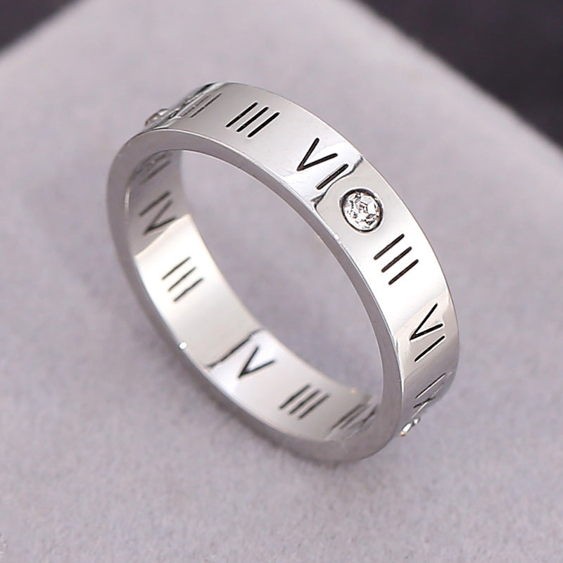 European and American New 18k Rose Gold Titanium Steel Roman Numerals Ring, Diamond-encrusted Hollow Couple Men's and Women's Letter Rings