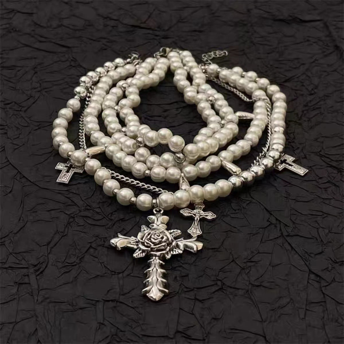 Vintage Baroque Temperament Chocker Collarbone Chain Niche Fashion Cross Pearl Stacked Multi-layer Necklace