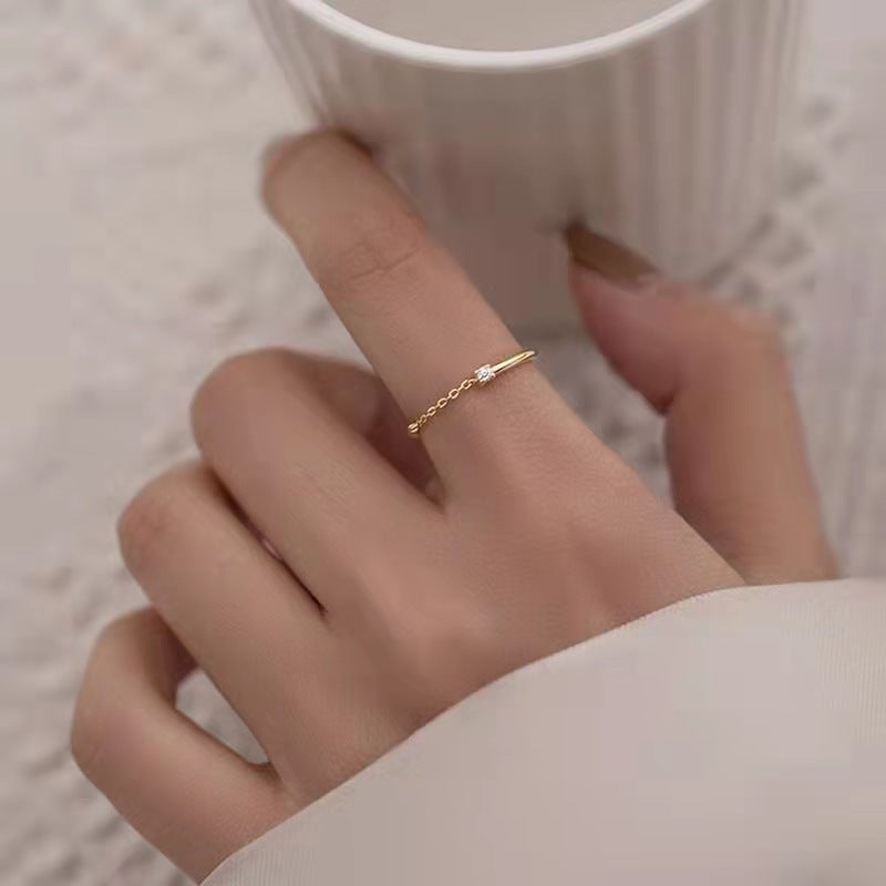 S925 Silver Single Diamond Chain Ring Korean Version Student Small Design High Sense Fresh Ins Cold Wind Female Ring