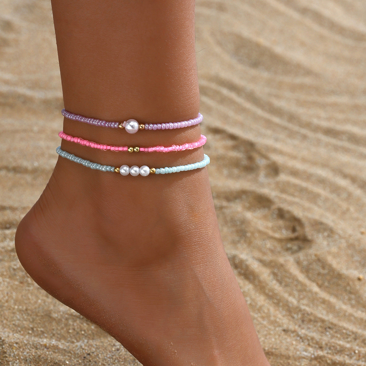 European and American Jewelry Summer Pearl Rice Bead Anklet Simple Creative Bracelet Multi-purpose Beach Trend Three-piece Set