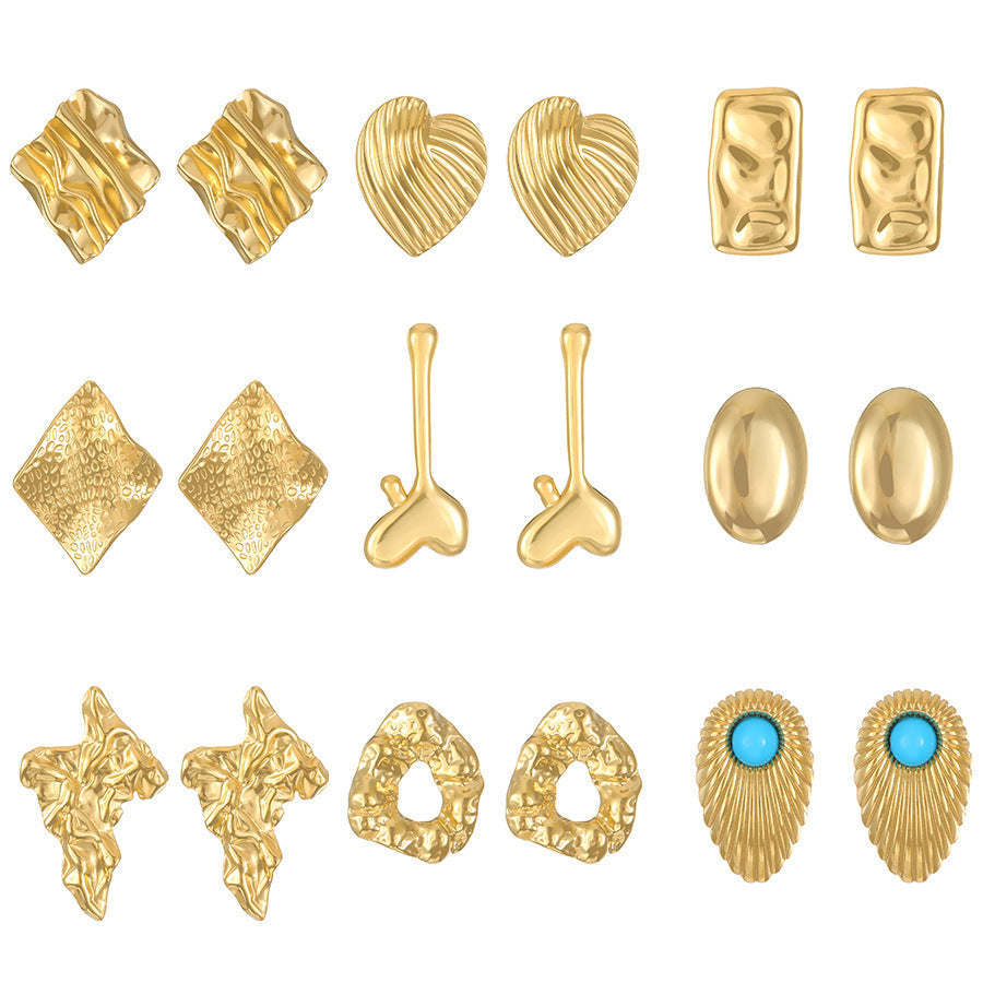 Titanium Steel Pleated Geometric Earrings Women's New Irregular Round Square Love Stud Earrings Medieval Earrings Tide