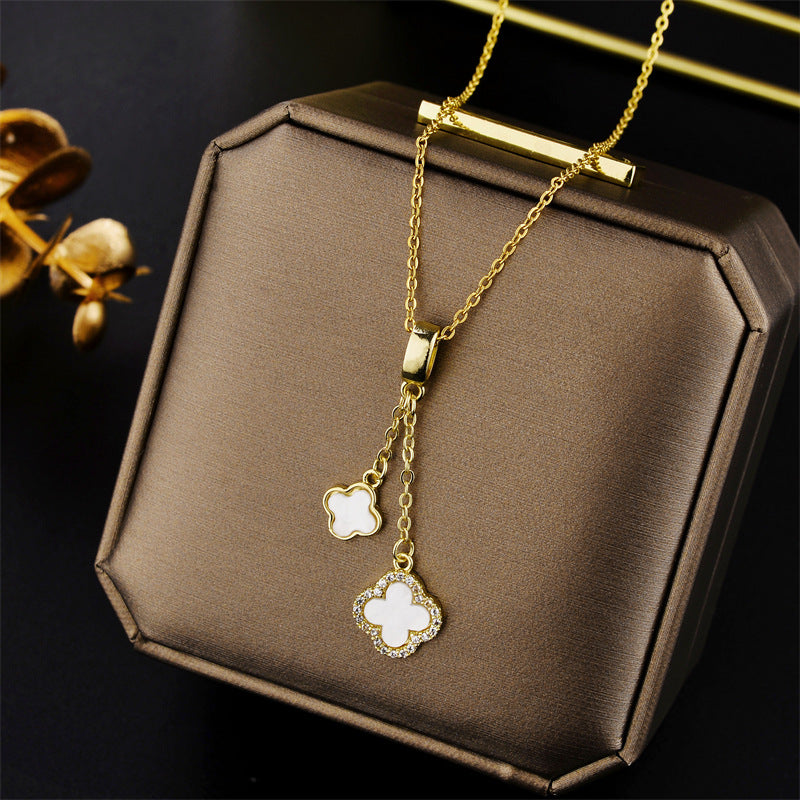 Korean Version of Fashionable and Simple Micro-inlaid Zircon Fringed Four-leaf Clover Pendant Titanium Steel Clavicle Chain Jewelry