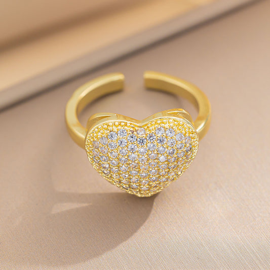 New Fashion Light Luxury Zircon Love Ring Women's INS Design Sense Niche Premium Open Ring