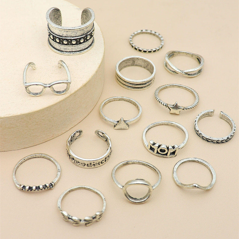 European and American Fashion Women's Personalized Glasses Star MOM Leaf Cross Silver 14-piece Set Joint Ring Set