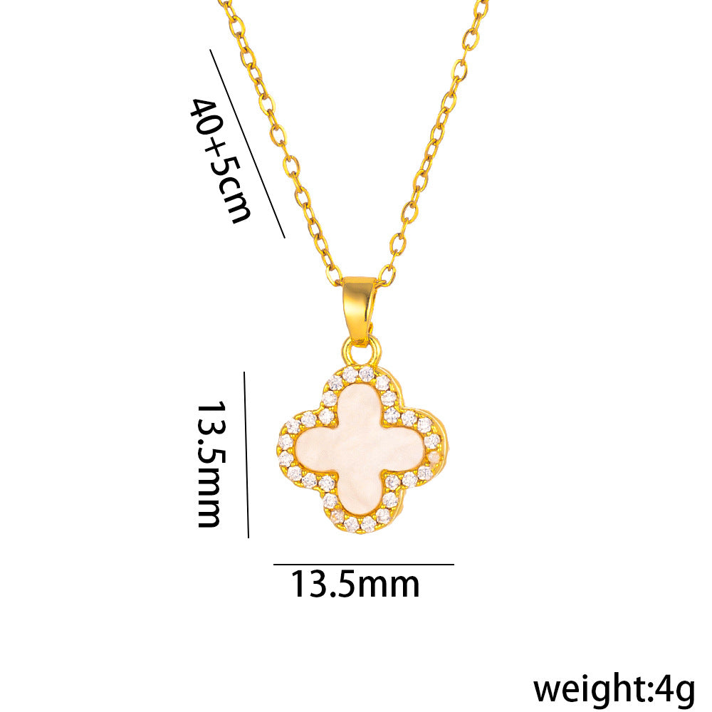 Gold Luxury Full Diamond Four-leaf Clover Necklace Women's Black and White Double-sided Design Sense Internet Celebrity Collarbone Chain 18k Gold-plated Neck Chain