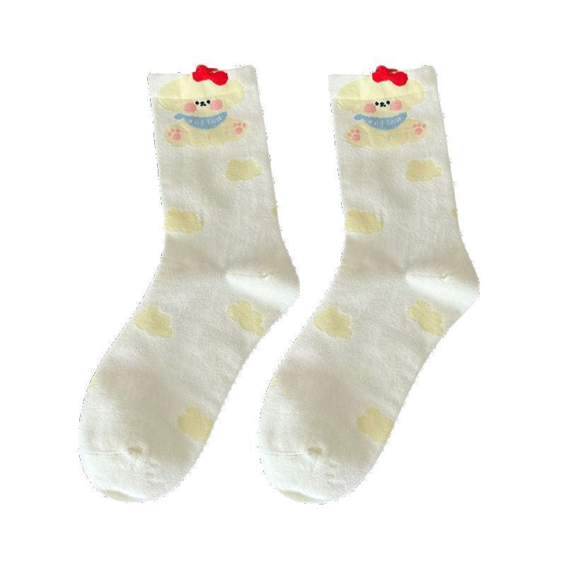Funny Cartoon Puppy Socks Women's Autumn and Winter Blue Medium Tube Socks Pure Cotton Japanese Cute Student Spring and Autumn Stockings