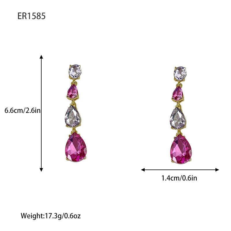 New Glass Diamond Inlaid Water Drop-shaped Long Earrings Women's European and American Color Series Earrings