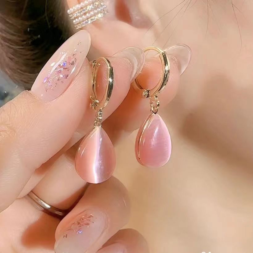 Green Water Drop Double-sided Opal Earrings Temperament Simple Ear Buckle Niche Design Light Luxury Earrings