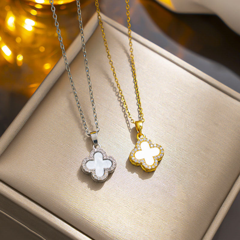 Gold Luxury Full Diamond Four-leaf Clover Necklace Women's Black and White Double-sided Design Sense Internet Celebrity Collarbone Chain 18k Gold-plated Neck Chain