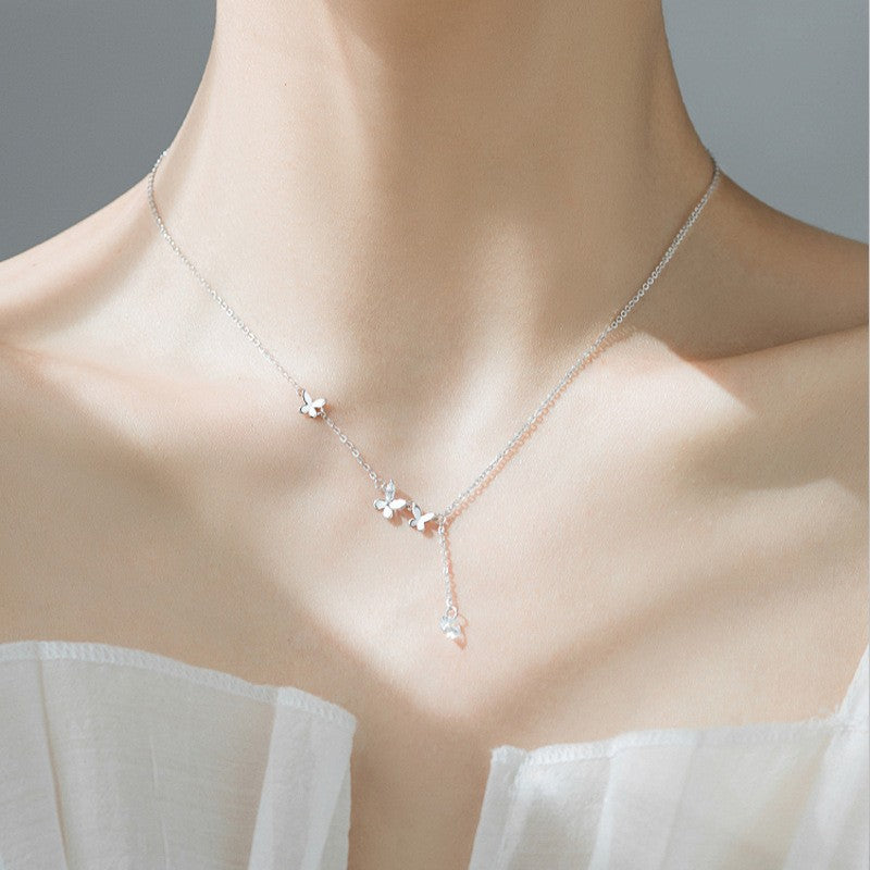 925 Silver Luck Pearl Necklace Female Butterfly Cold Light Luxury Flash Diamond Ins Wind Niche Collarbone Chain