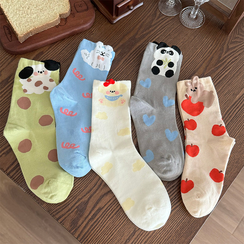 Funny Cartoon Puppy Socks Women's Autumn and Winter Blue Medium Tube Socks Pure Cotton Japanese Cute Student Spring and Autumn Stockings