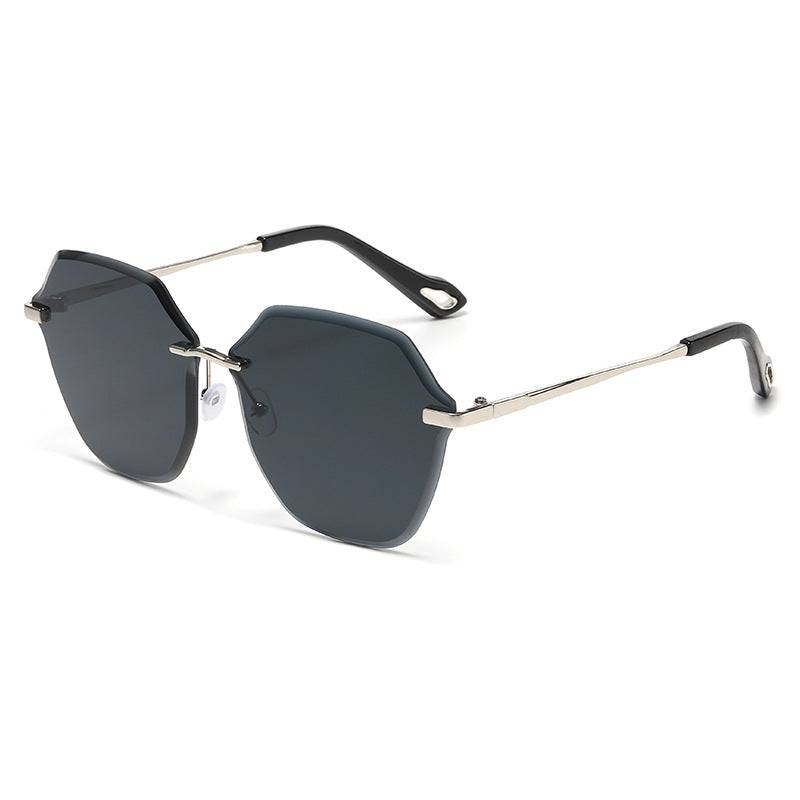 Internet Celebrity Explosion Polygonal Frameless Trimmed Sunglasses Women, Fashion Trend Large Frame Retro UV Protection Sunglasses