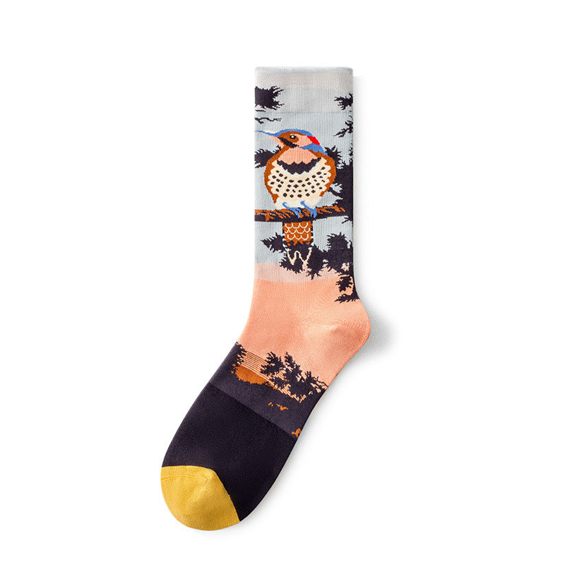 Oil Painting Socks Women's French Retro Ins Tide Autumn and Winter Abstract Tall Tube Creative Combed Cotton Women's Medium Tube Socks