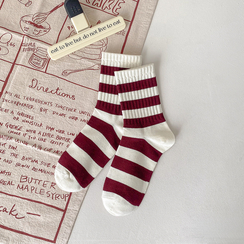 Ankola Red Socks Women's Medium Tube Socks Spring and Autumn Embroidery Bow Cotton Socks Versatile Striped Stockings Striped Women's Socks