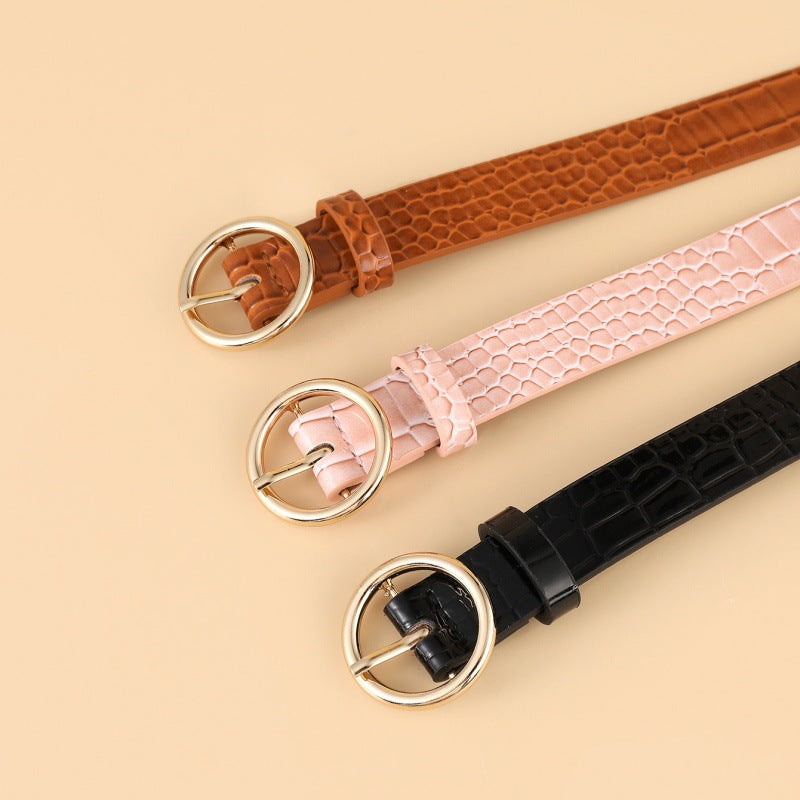 Korean Version of The New Crocodile Gold Pattern Round Buckle Belt Women's Decorative Pin Buckle Versatile Jeans Thin Belt Factory Direct Sales