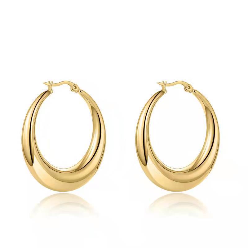 European and American e-commerce popular titanium steel, plated with 18K gold crescent-shaped circle ear buckle large tube hollow, titanium steel, earrings - NiceOceanJewelry