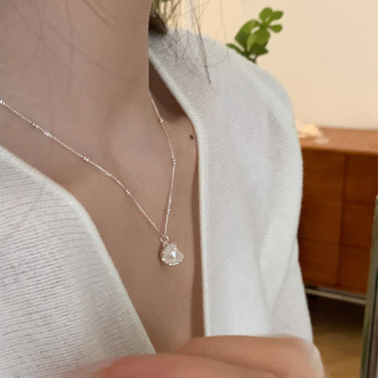 S925 Sterling Silver Shell Pearl Necklace Women's Light Luxury Niche Fashion Exquisite Stacked Neck Chain Temperament Versatile Sweater Chain