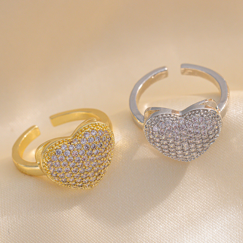 New Fashion Light Luxury Zircon Love Ring Women's INS Design Sense Niche Premium Open Ring