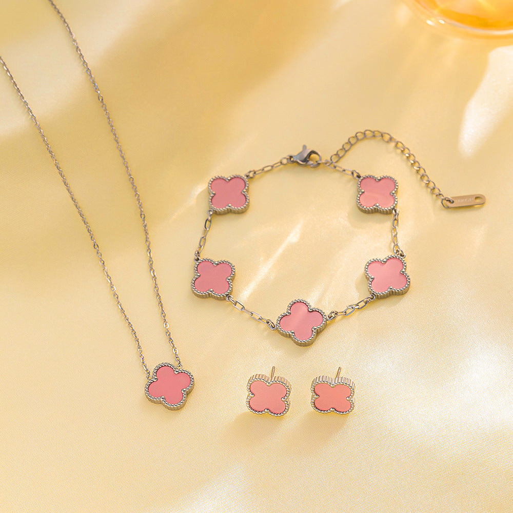 Four-leaf Clover Necklace 13MM Bracelet Stud Earrings Three-piece Set Versatile Lucky Four-leaf Clover Five-flower Bracelet Collarbone Chain Earrings