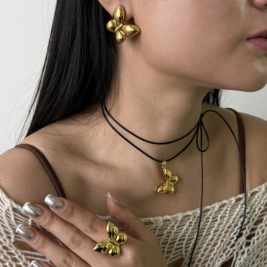 Personalized Design Retro Simple Butterfly Earrings, Temperament Fashion Alloy Ring Necklace
