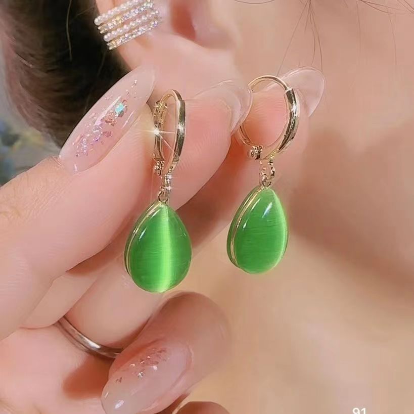 Green Water Drop Double-sided Opal Earrings Temperament Simple Ear Buckle Niche Design Light Luxury Earrings