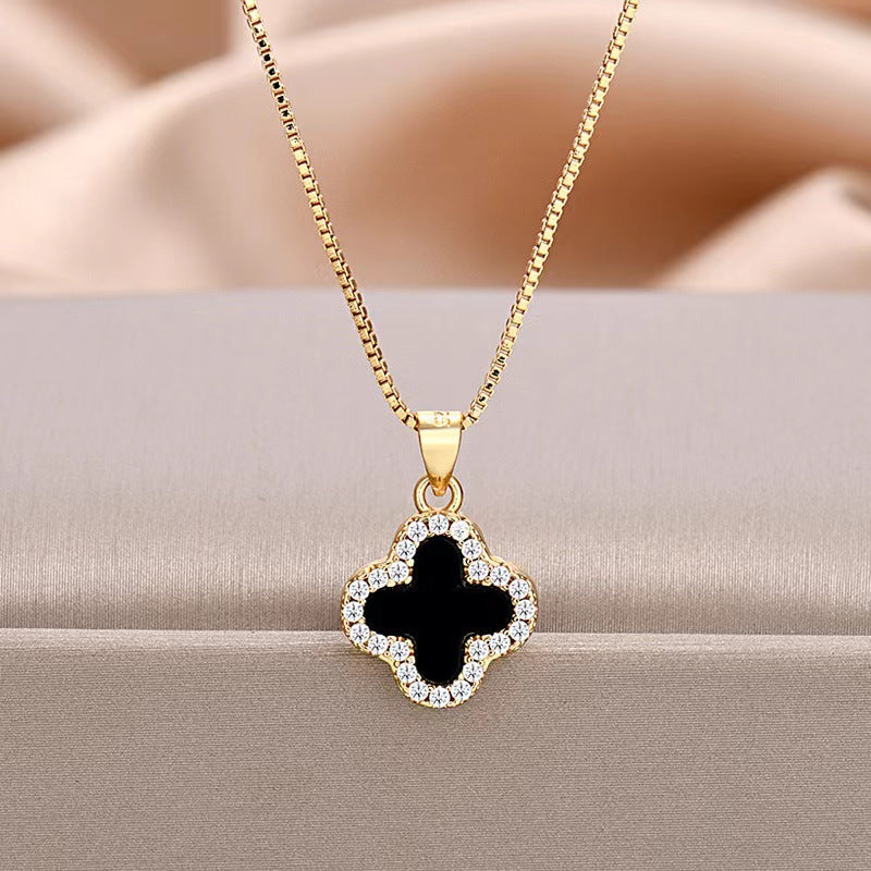 Gold Luxury Full Diamond Four-leaf Clover Necklace Women's Black and White Double-sided Design Sense Internet Celebrity Collarbone Chain 18k Gold-plated Neck Chain