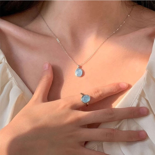 Silver-plated Natural Aquamarine Moonstone Necklace Women's High Sense Ins Wind Niche Versatile Oval Pendant Collarbone Chain