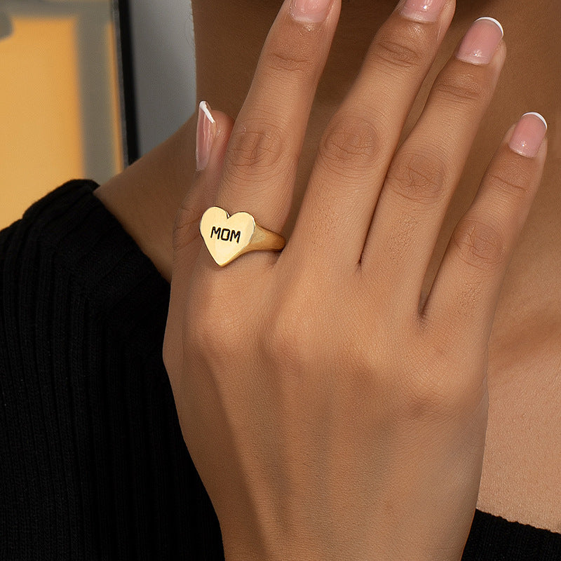 Korean Version of Fashion Simple Commuter Letter Love Ring Female Internet Celebrity Niche Design Temperament Retro Heart Ring