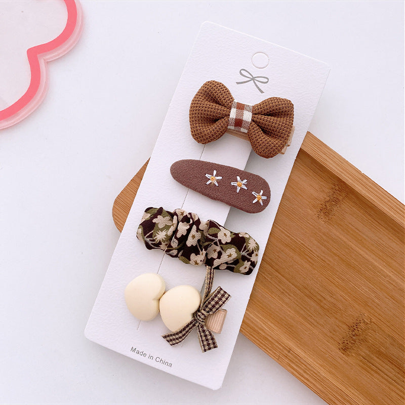 4 Milk Coffee Color Versatile Fabric Children's Break Clip Bow Girl Heart Hairpin Edge Clip Korean Sweet Hairpin