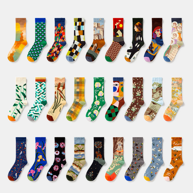 Oil Painting Socks Women's French Retro Ins Tide Autumn and Winter Abstract Tall Tube Creative Combed Cotton Women's Medium Tube Socks