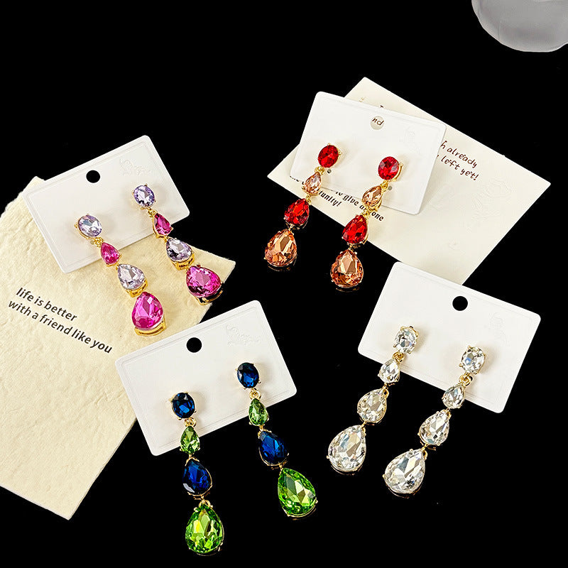 New Glass Diamond Inlaid Water Drop-shaped Long Earrings Women's European and American Color Series Earrings