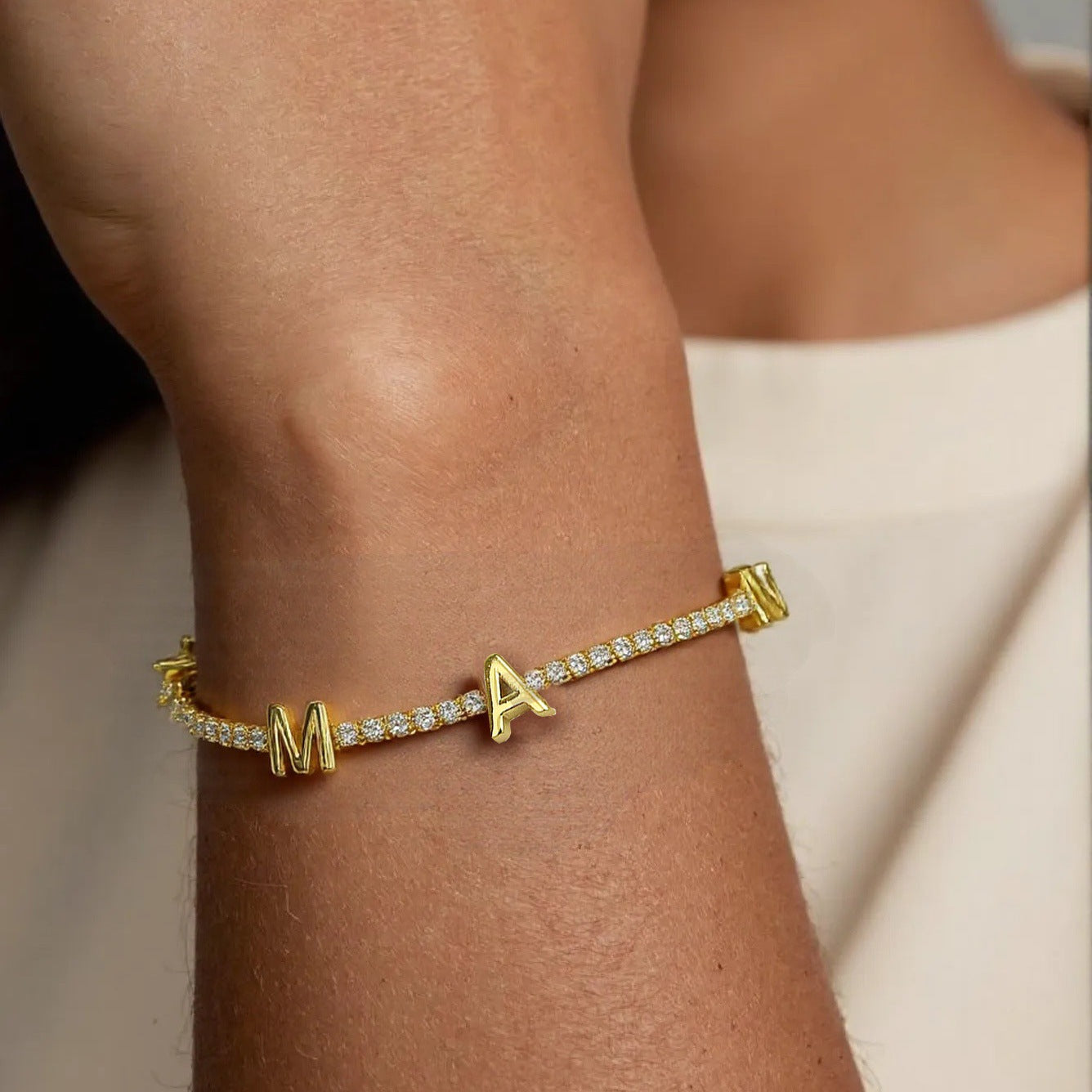 18k Brass Mama Tennis Zircon Chain Adjustable Bracelet Is Suitable for Mother's Day Gifting