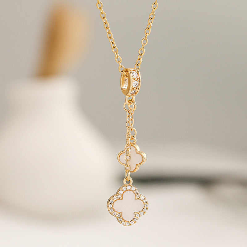 Korean Version of Fashionable and Simple Micro-inlaid Zircon Fringed Four-leaf Clover Pendant Titanium Steel Clavicle Chain Jewelry