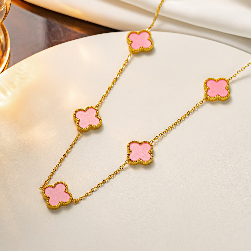 Titanium Steel Four-leaf Clover Five-flower Double-sided Fritillary Necklace 18K Real Gold Electroplating Non-fading Light Luxury High-sense Collarbone Chain
