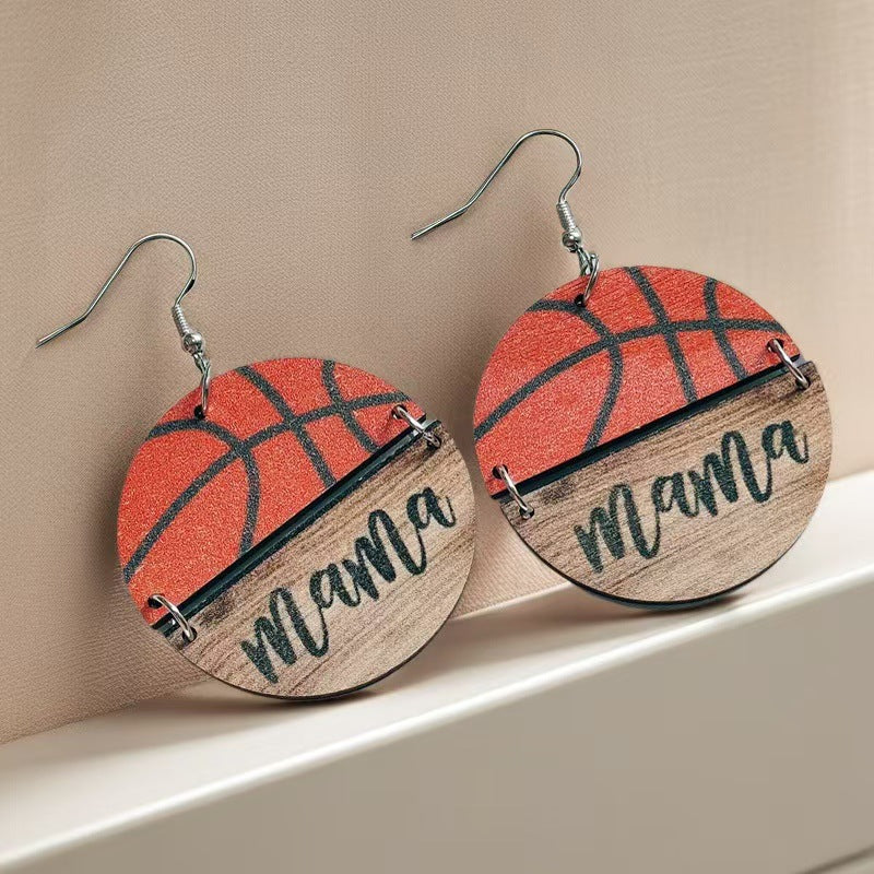 MOM Mother's Day Wooden Earrings Sports Softball Basketball Wooden Round Earrings Earrings Batch