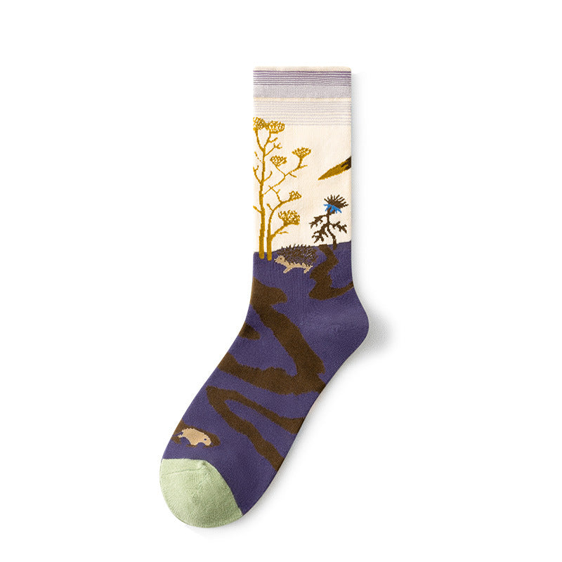 Oil Painting Socks Women's French Retro Ins Tide Autumn and Winter Abstract Tall Tube Creative Combed Cotton Women's Medium Tube Socks