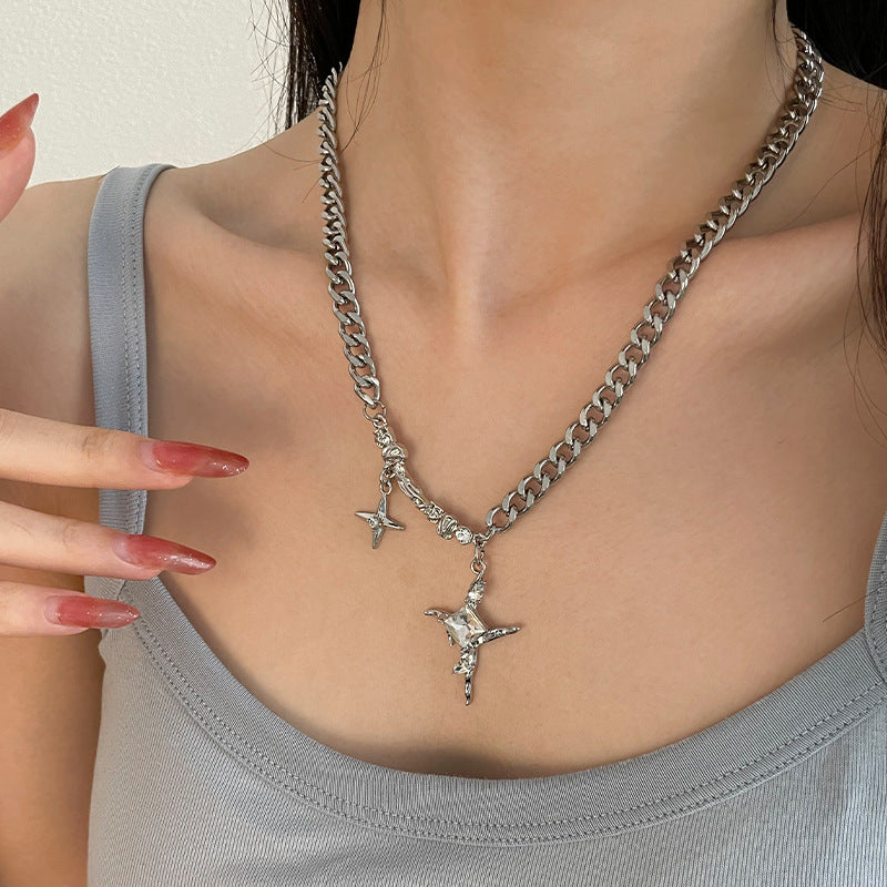 Square Diamond Star Cross Necklace Ins Hip Hop Neutral Trendy Cool Niche Collarbone Chain Female