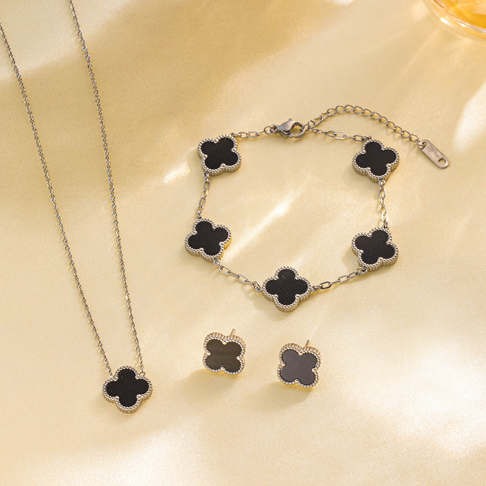 Four-leaf Clover Necklace 13MM Bracelet Stud Earrings Three-piece Set Versatile Lucky Four-leaf Clover Five-flower Bracelet Collarbone Chain Earrings