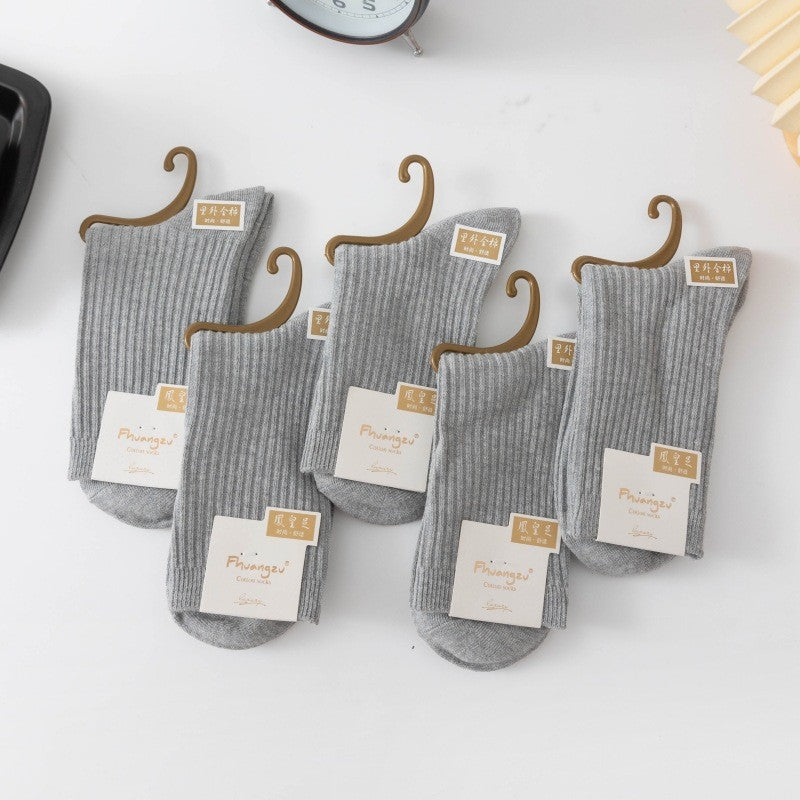 New Socks Women's Solid Color Double Needle Medium Tube Cotton Socks Spring and Autumn Thickened Warm Casual Stockings