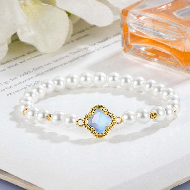 Pearl Four-leaf Clover Bracelet Women's High-end Sense Light Luxury Beaded Exquisite Temperament Ins Style Jewelry