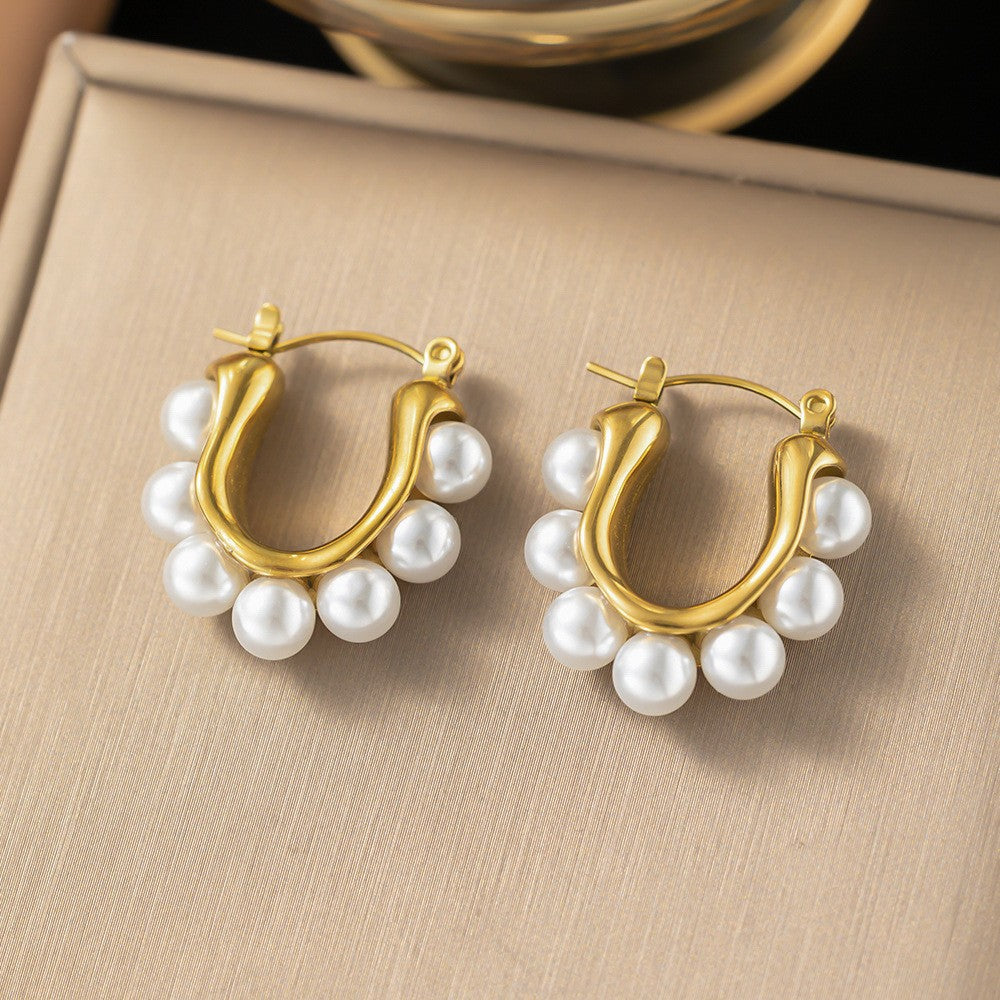 European and American Retro Fashion Versatile Titanium Steel Geometric Pearl Earrings