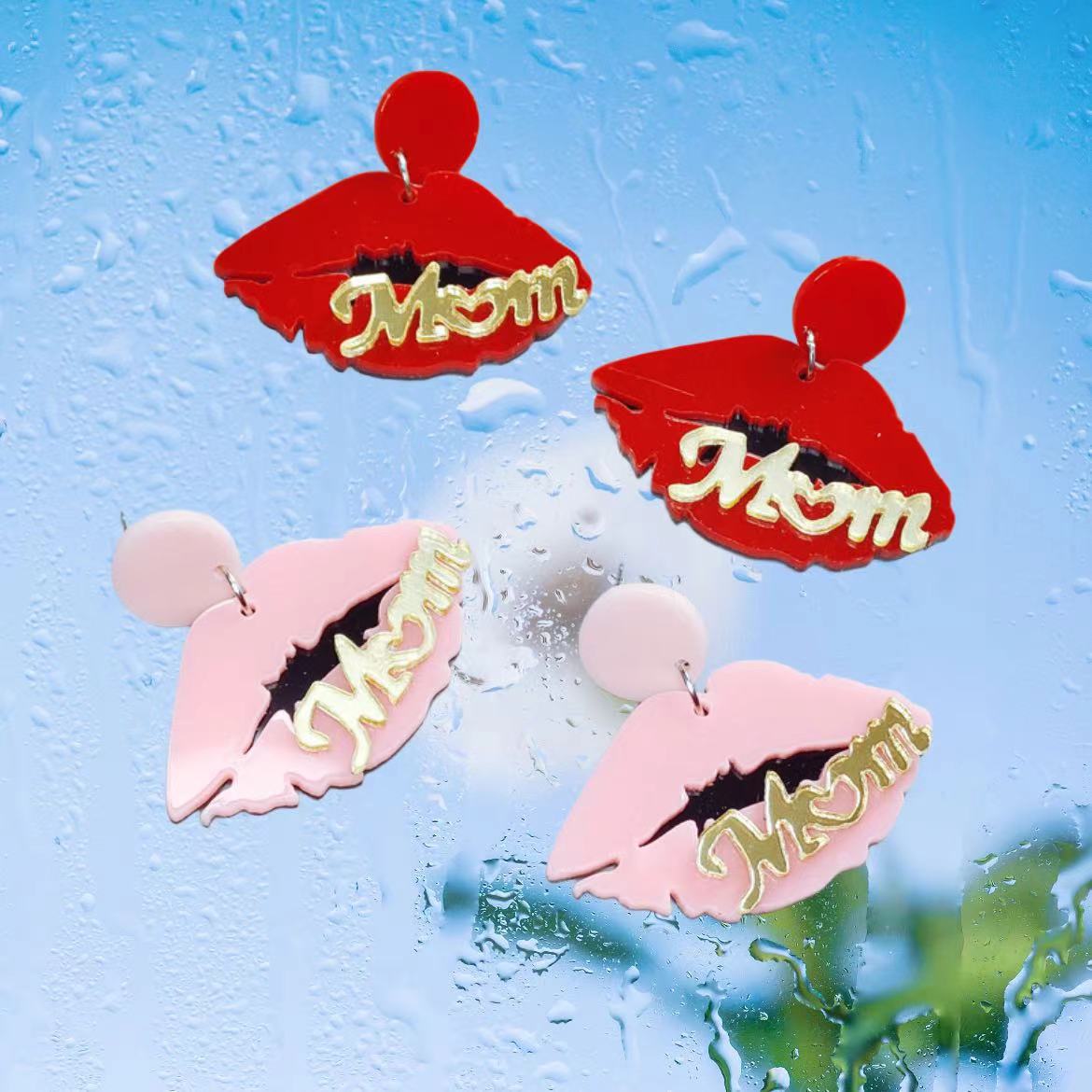 European and American Pink Lip Acrylic Earrings Women's High-end Personalized Earrings English MOM Mother's Day Earrings